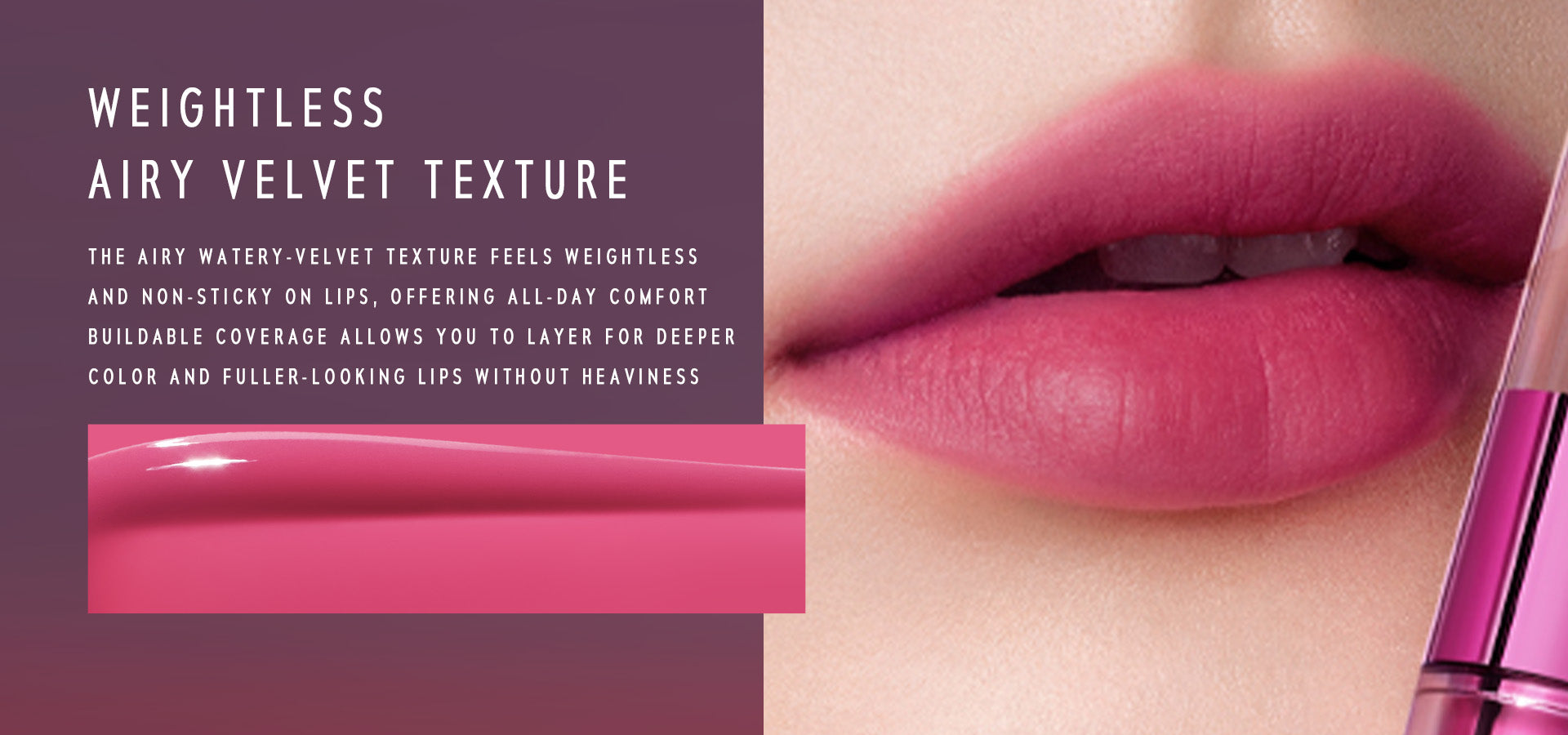 Time phoria ALTERA Blurring Lip Tint Close-up of pink lipstick on lips with text 'WEIGHTLESS AIRY VELVET TEXTURE'
