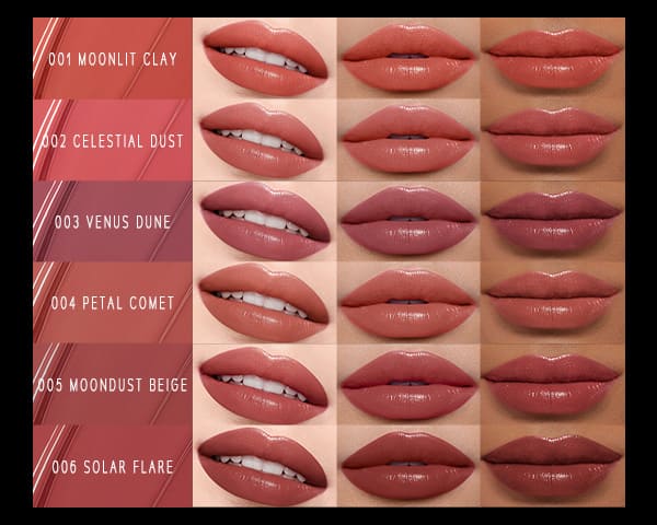 Timephoria ultra stay-color lip vinyl color swatches on a different skin tones with color names.