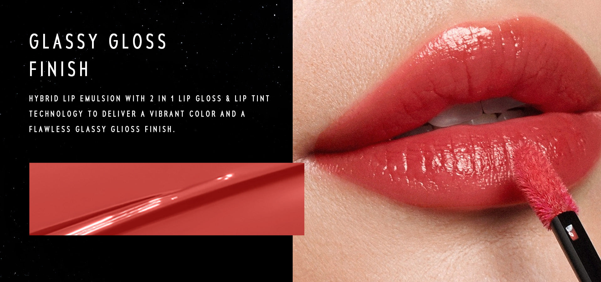 time phoria STELLAR DUST LIP STAIN with gloss finish applied to lips, close-up view.