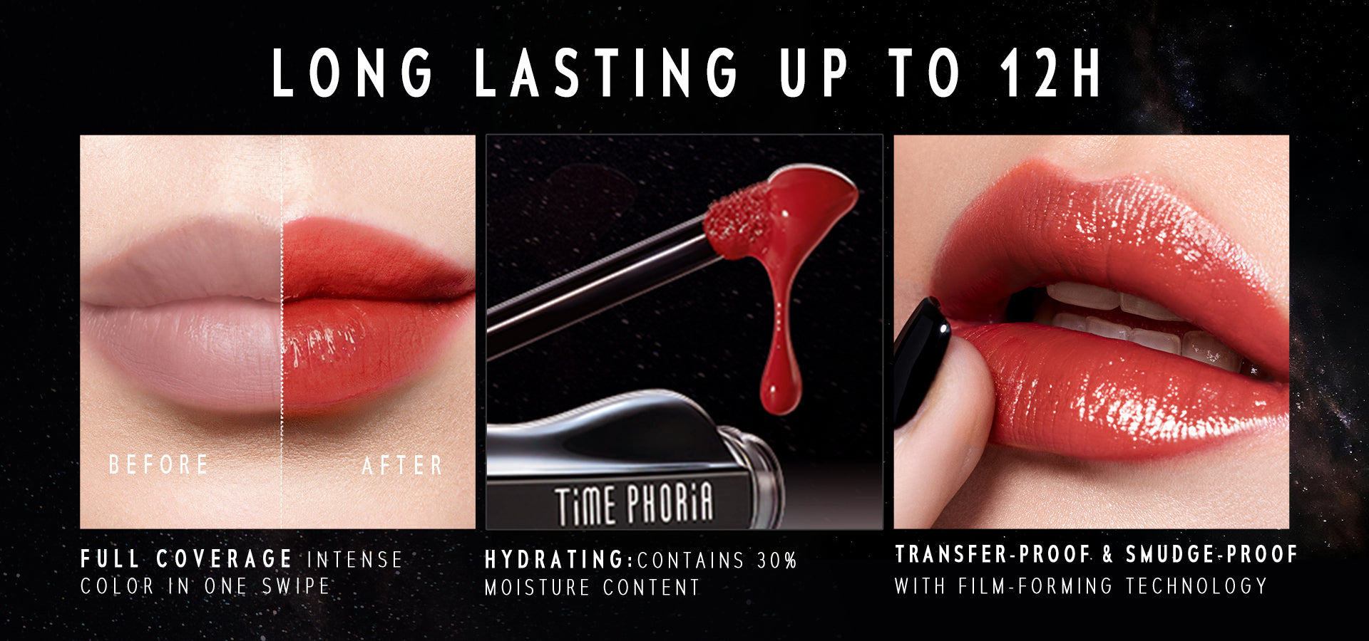 STELLAR DUST LIP STAIN finish features showing before and after effects on lips.