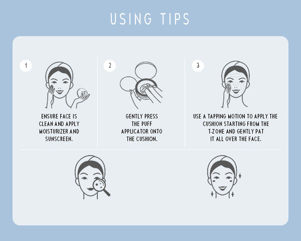 Timephoria Matte Cover Cushion foundation Step-by-step guide for using a cosmetic product with icons and text