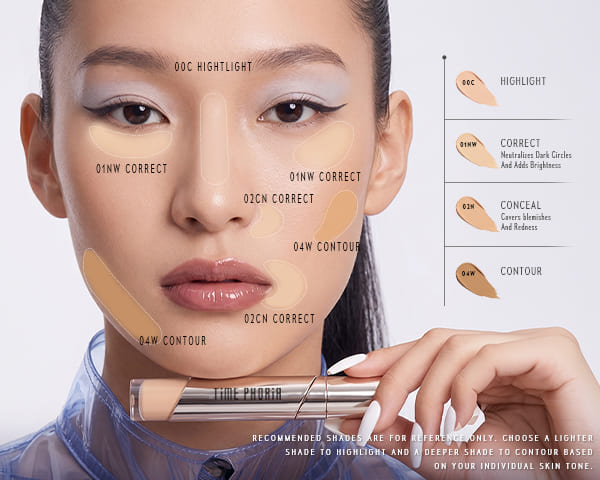 Timephoria Concealer Makeup guide, showing different shades for foundation application.
highlight, correct, conceal, contour