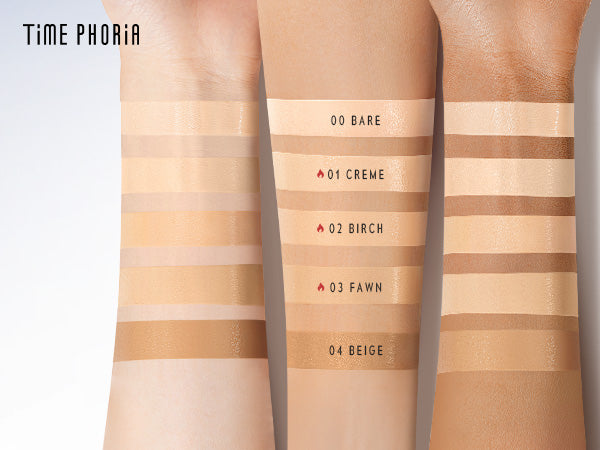 Timephoria Glow Cushion Foundation color swatches and labels on three arms in different skin tone