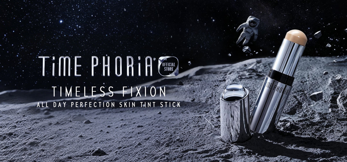Time Phoria skin tint stick on a moon-like surface with an astronaut in the background
