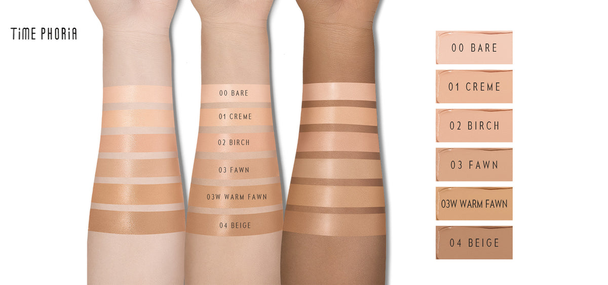 Time Phoria skin tint stick Color swatches of a makeup product with shade names on a white background