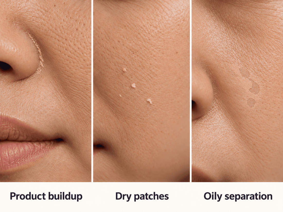 Three-panel close-up showing foundation buildup beside the nose, flakes on the cheek, and shiny skin with patchy foundation.