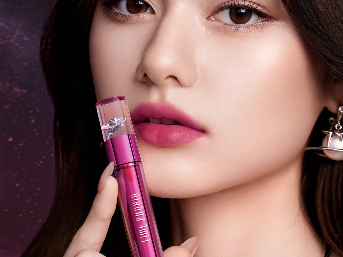 Altera Blurring Lip Tint beside lips with softly diffused color and a natural soft-focus velvet finish
