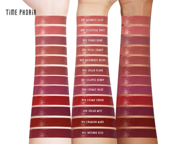 Timephoria ultra stay-color lip vinyl Color swatches of lipsticks on a person's arm 