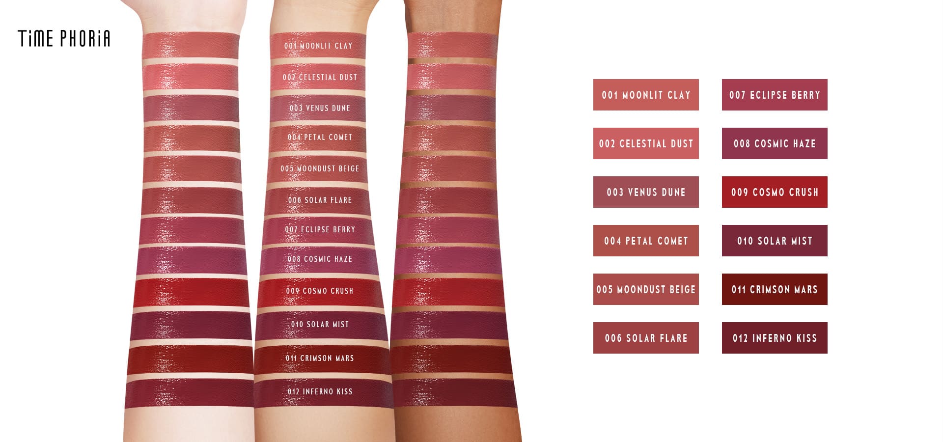 Timephoria ultra stay-color lip vinyl Color swatches of lipsticks on a person's arm 