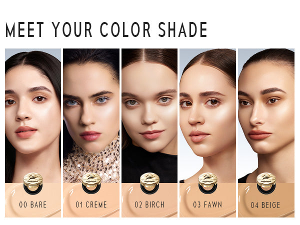 Timephoria Glow Cushion Foundation Product color swatches with models wearing different makeup shades
